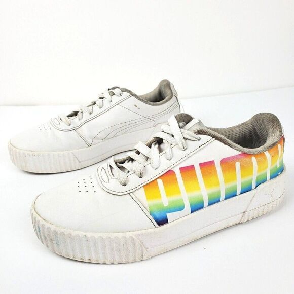 Puma Carina Soft Foam Rainbow Letters Pride Sneakers Kids sz 4 White Low Top - Picture 1 of 7